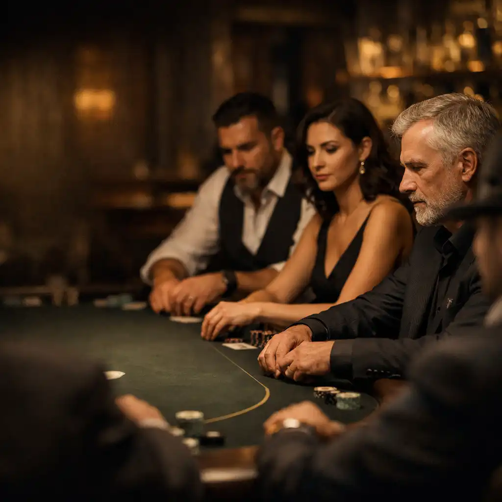 Atmosféra pokerového klubu s hráči u stolu