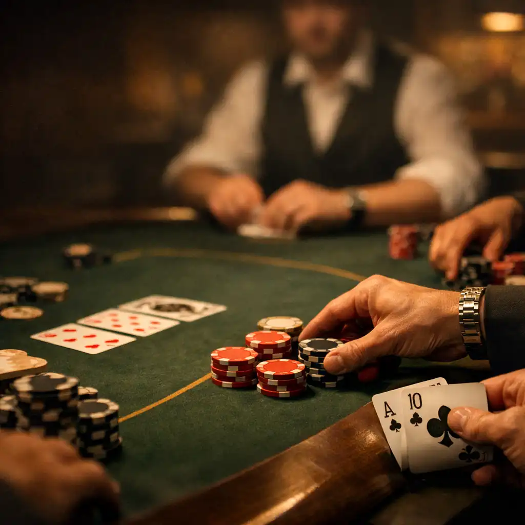 Atmosféra živého pokerového turnaje u stolu